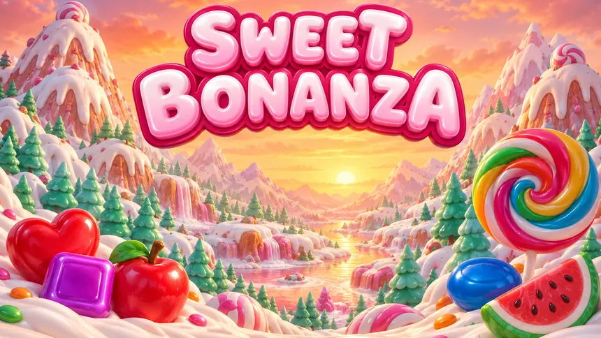 Şeker dağlarının önünde Sweet Bonanza yazısı ve oyunun renkli sembolleri