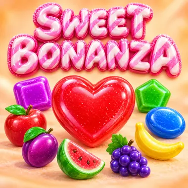 Sweet Bonanza yazısının altında büyük bir kırmızı kalp şeker ve çevresindeki diğer semboller
