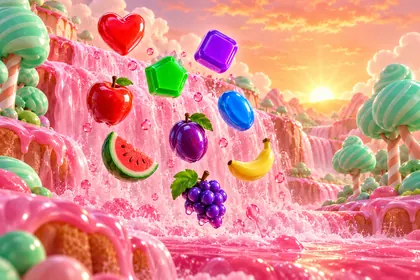 Pembe şurup şelalesinden aşağı dökülen şeker ve meyve sembolleri